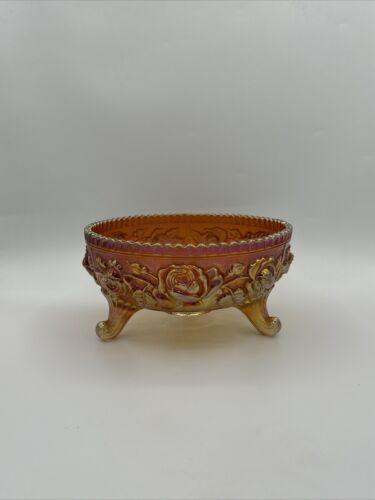 Carnival Glass Iridescent Amber Footed Bowl Floral/Roses