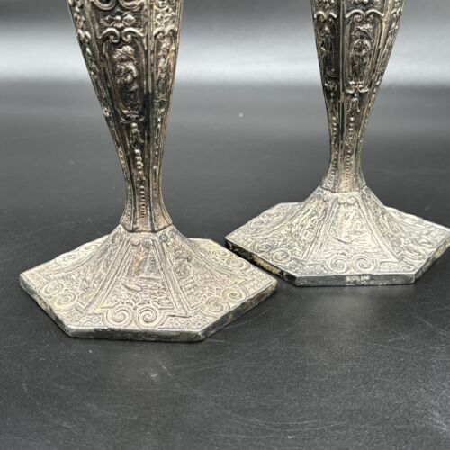 E.& J. B. Dutch Silver Motif Candle Stick Holders 10" Antique Pair