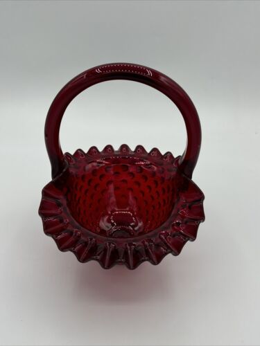 Vintage Fenton Hobnail Ruby Red Amberina Glass Basket 7.5" Tall