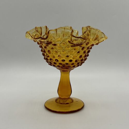 Vintage Fenton Amber Yellow Hobnail Glass Ruffled Pedestal Compote Bowl 5.75”