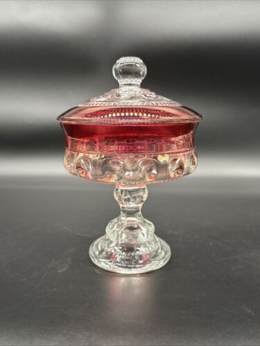 Indiana Glass Kings Crown Ruby Red Band Covered Compote Made in USA 7.25" Tall