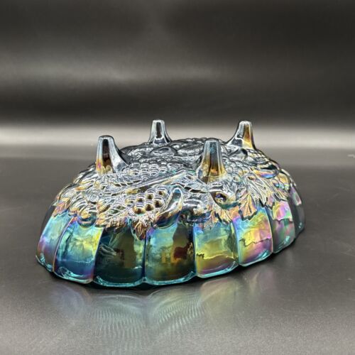 Vintage Blue Carnival Glass Iridescent Finish Large Footed Oval Fruit Bowl