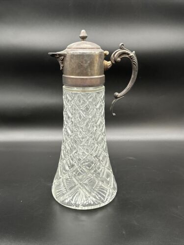 VINTAGE MADE IN ITALY CRYSTAL GLASS PITCHER STEIN METAL HANDLE & LID 13 1/2"