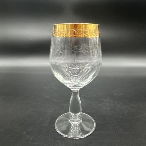 Rare Vtg Italy Needle Etched Gold Rim Crystal Wine Glasses Hand crafted Set Of 4