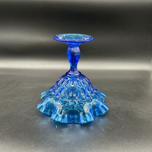 FENTON Aqua Blue Thumbprint Ruffled Rim Footed Art Glass Candy Dish VTG