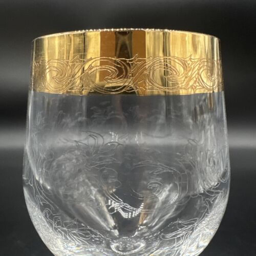 Rare Vtg Italy Needle Etched Gold Rim Crystal Wine Glasses Hand crafted Set Of 4