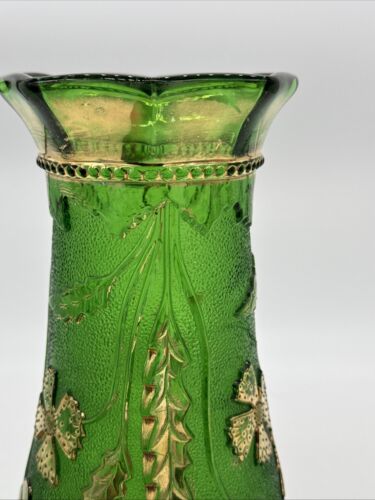 Antique EAPG Green Delaware Vase w Gilt Thistles