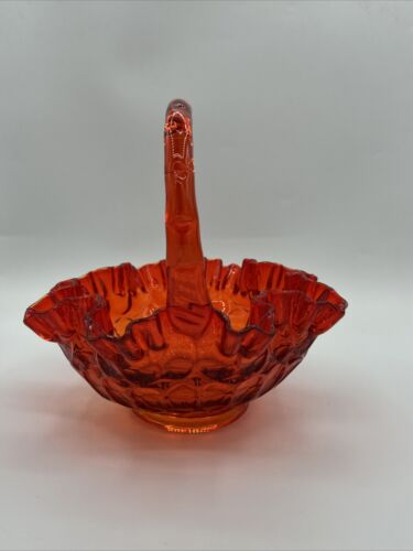 Fenton Amberina Red Orange Ruffled Edge Thumbprint Glass Basket 8" Vintage