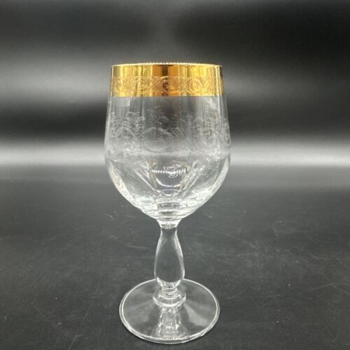 Rare Vtg Italy Needle Etched Gold Rim Crystal Wine Glasses Hand crafted Set Of 4