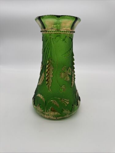 Antique EAPG Green Delaware Vase w Gilt Thistles