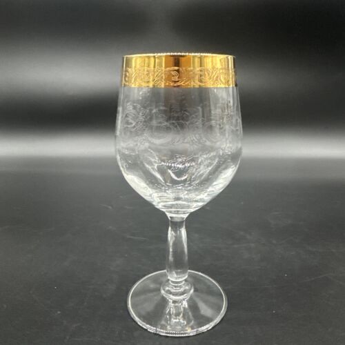 Rare Vtg Italy Needle Etched Gold Rim Crystal Wine Glasses Hand crafted Set Of 4