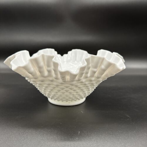 Vintage Fenton Milk Glass Hobnail Fluted Dish