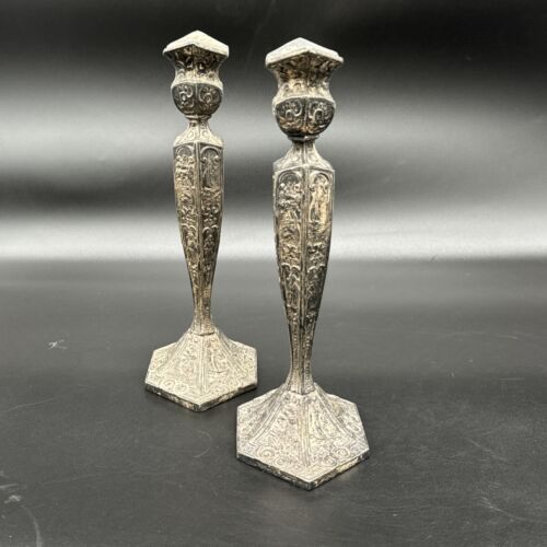 E.& J. B. Dutch Silver Motif Candle Stick Holders 10" Antique Pair