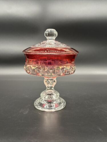 Indiana Glass Kings Crown Ruby Red Band Covered Compote Made in USA 7.25" Tall