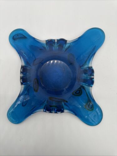 Murano Fratelli Toso Blue Murrine Cased Millifiori Butterfly Cigar Ashtray 9"