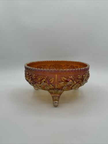 Carnival Glass Iridescent Amber Footed Bowl Floral/Roses