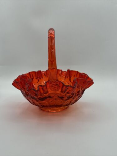 Fenton Amberina Red Orange Ruffled Edge Thumbprint Glass Basket 8" Vintage