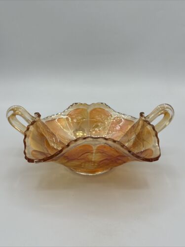 Vintage Iridescent Ruffled Marigold Carnival Glass Bowl with Handles