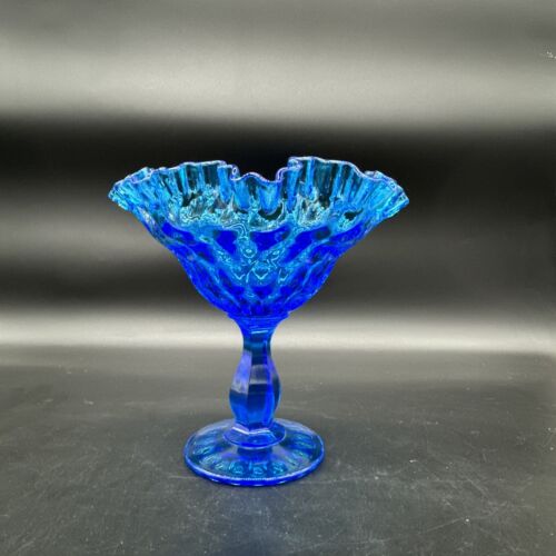 FENTON Aqua Blue Thumbprint Ruffled Rim Footed Art Glass Candy Dish VTG