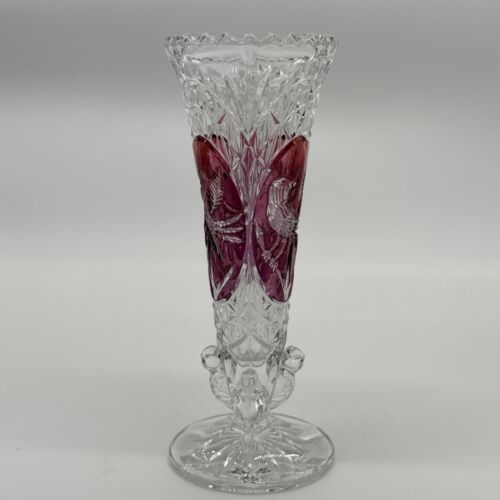 Vintage West Germany Hofbauer Byrdes Lead Crystal Red Bird Vase Clear Glass 7"