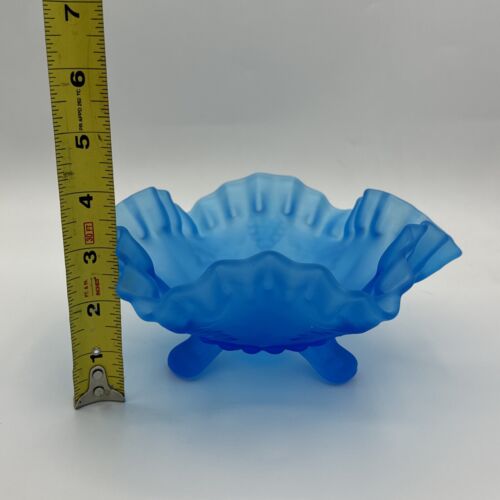 Vtg. Westmoreland Blue Mist Satin Glass Bowl Ruffled Edge Grape Vines 3 Footed