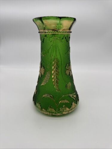 Antique EAPG Green Delaware Vase w Gilt Thistles