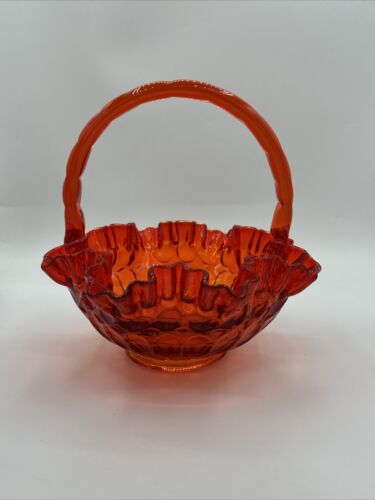 Fenton Amberina Red Orange Ruffled Edge Thumbprint Glass Basket 8" Vintage