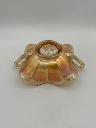 Vintage Iridescent Ruffled Marigold Carnival Glass Bowl with Handles