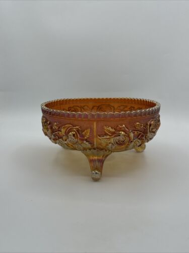 Carnival Glass Iridescent Amber Footed Bowl Floral/Roses