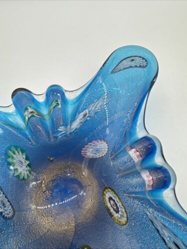 Murano Fratelli Toso Blue Murrine Cased Millifiori Butterfly Cigar Ashtray 9"