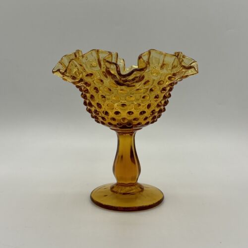 Vintage Fenton Amber Yellow Hobnail Glass Ruffled Pedestal Compote Bowl 5.75”