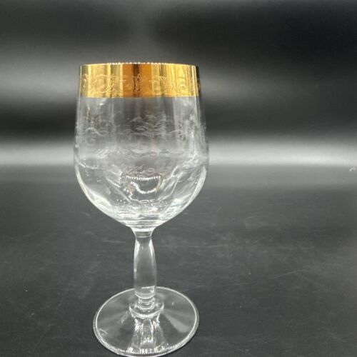 Rare Vtg Italy Needle Etched Gold Rim Crystal Wine Glasses Hand crafted Set Of 4