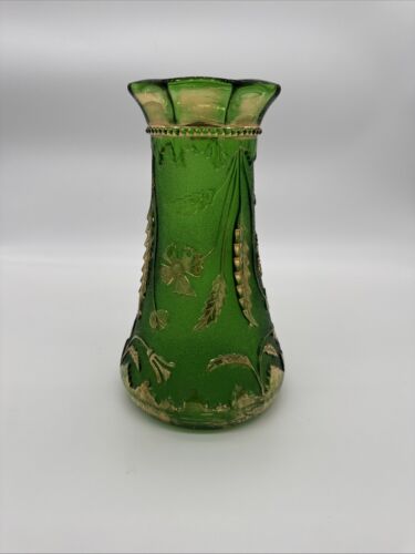 Antique EAPG Green Delaware Vase w Gilt Thistles