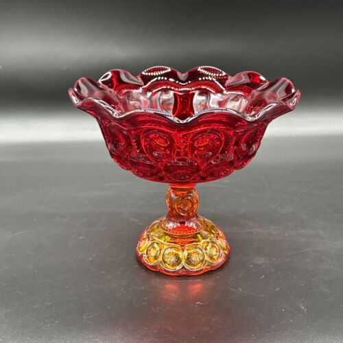 L E Smith Moon and Stars Flared Amberina Red and Amber Compote Bowl With Cadmium