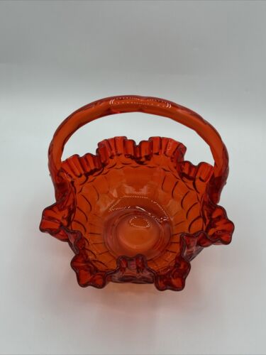 Fenton Amberina Red Orange Ruffled Edge Thumbprint Glass Basket 8" Vintage