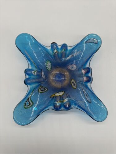 Murano Fratelli Toso Blue Murrine Cased Millifiori Butterfly Cigar Ashtray 9"