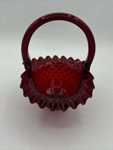 Vintage Fenton Hobnail Ruby Red Amberina Glass Basket 7.5" Tall