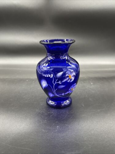 Fenton Cobalt Blue Morning Glories Hand Painted Vase 6.5” T