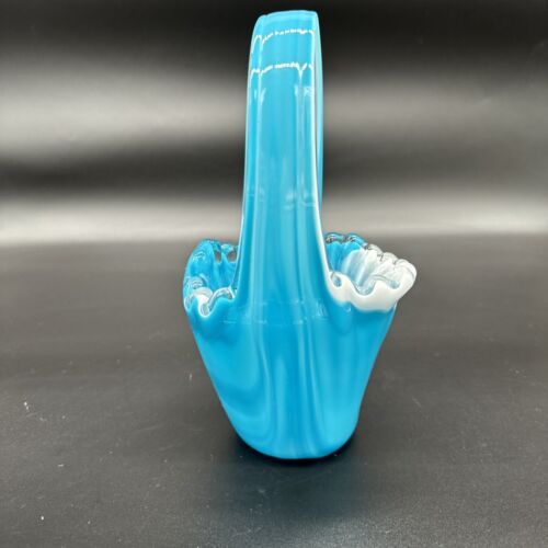 Art Glass Turquoise and White Basket Vase Murano Style 2355B