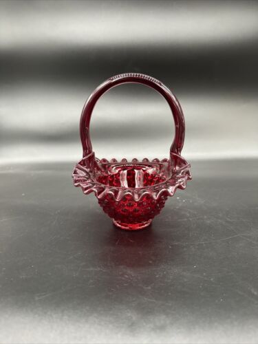 Fenton Glass Basket Ruby Red Amberina Base Hobnail Crimped Edge