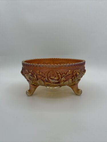 Carnival Glass Iridescent Amber Footed Bowl Floral/Roses