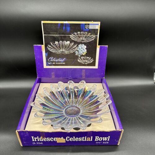 Vintage Federal Glass Iridescent Celestial Sunburst Center Serving Bowl in Box