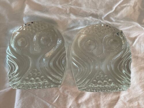 Pair of Vintage Owl Bookends, Pilgrim - Clear Art Glass, MCM