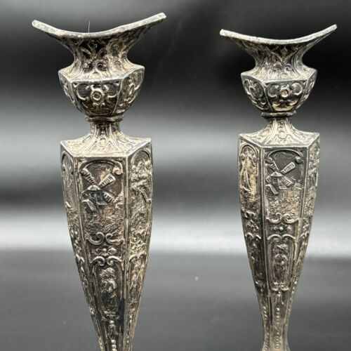 E.& J. B. Dutch Silver Motif Candle Stick Holders 10" Antique Pair