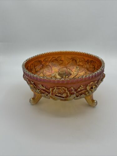 Carnival Glass Iridescent Amber Footed Bowl Floral/Roses