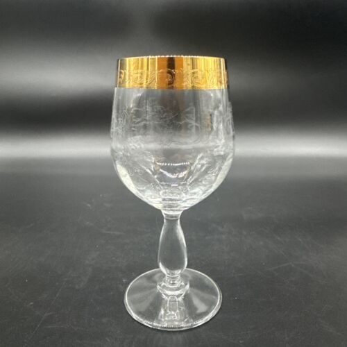 Rare Vtg Italy Needle Etched Gold Rim Crystal Wine Glasses Hand crafted Set Of 4