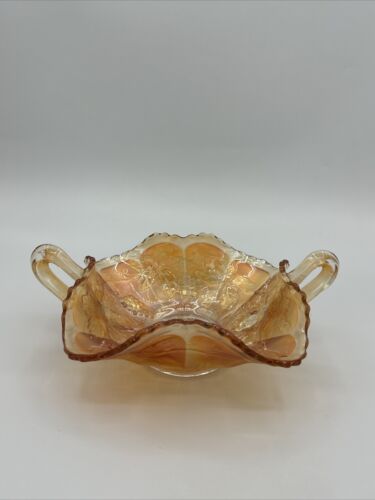 Vintage Iridescent Ruffled Marigold Carnival Glass Bowl with Handles