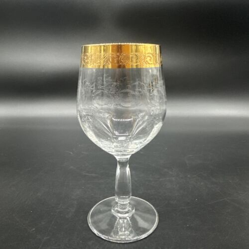 Rare Vtg Italy Needle Etched Gold Rim Crystal Wine Glasses Hand crafted Set Of 4