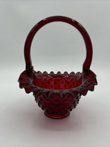 Vintage Fenton Hobnail Ruby Red Amberina Glass Basket 7.5" Tall