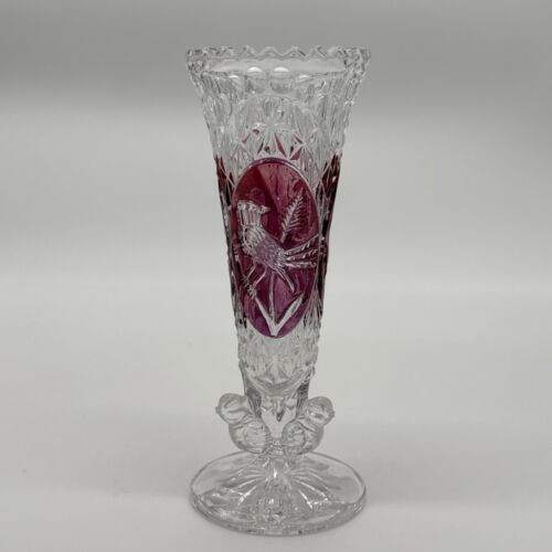 Vintage West Germany Hofbauer Byrdes Lead Crystal Red Bird Vase Clear Glass 7"